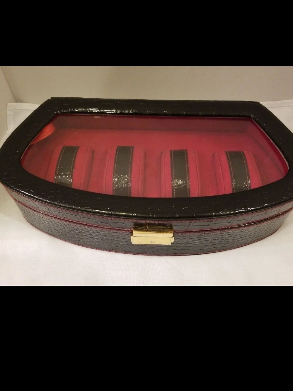 Black Croc-Effect Men's Watch Travel Case with Red Interior